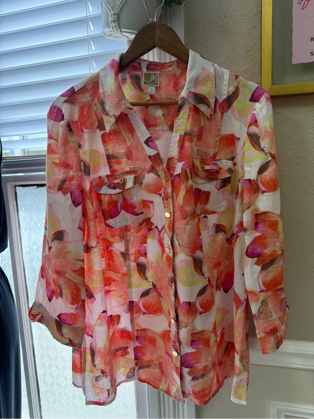 JM Collection Sheer Floral Button-Down Blouse in Pink, Coral and Yellow